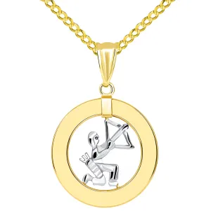 14k Two Tone Gold Open Circle Sagittarius Zodiac Sign Pendant Cuban Necklace