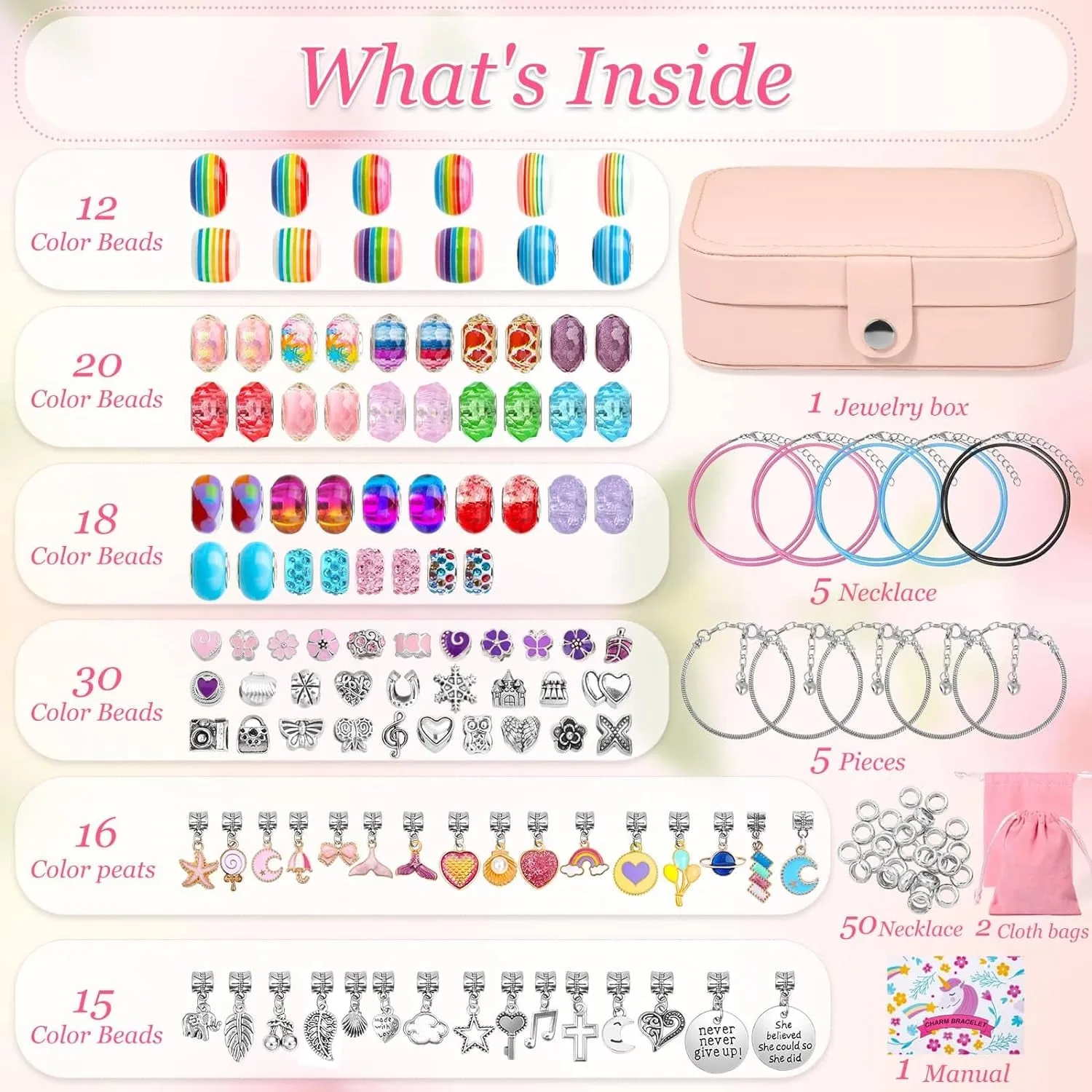 150Pcs Charm Bracelet Making Kit with Jewelry Box Girls Beads for Jewelry Making Kit with DIY Crafts Gift for Girls Bracelet Teen Women Birthday Valentine Gifts Christmas