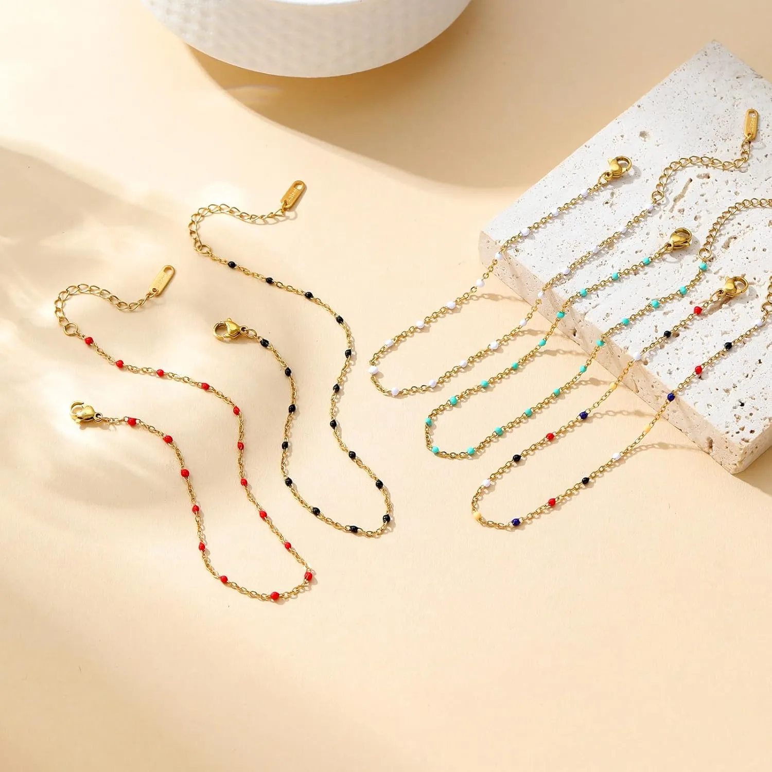 18K Gold Plated Boho Beaded Anklets for Women Dainty Gold Layered Round Ball Ankle Bracelet Pearl Cross Anklet Bracelet Waterproof Gold Jewelry