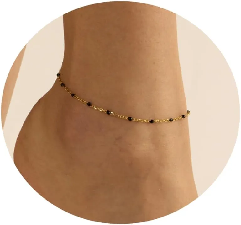 18K Gold Plated Boho Beaded Anklets for Women Dainty Gold Layered Round Ball Ankle Bracelet Pearl Cross Anklet Bracelet Waterproof Gold Jewelry