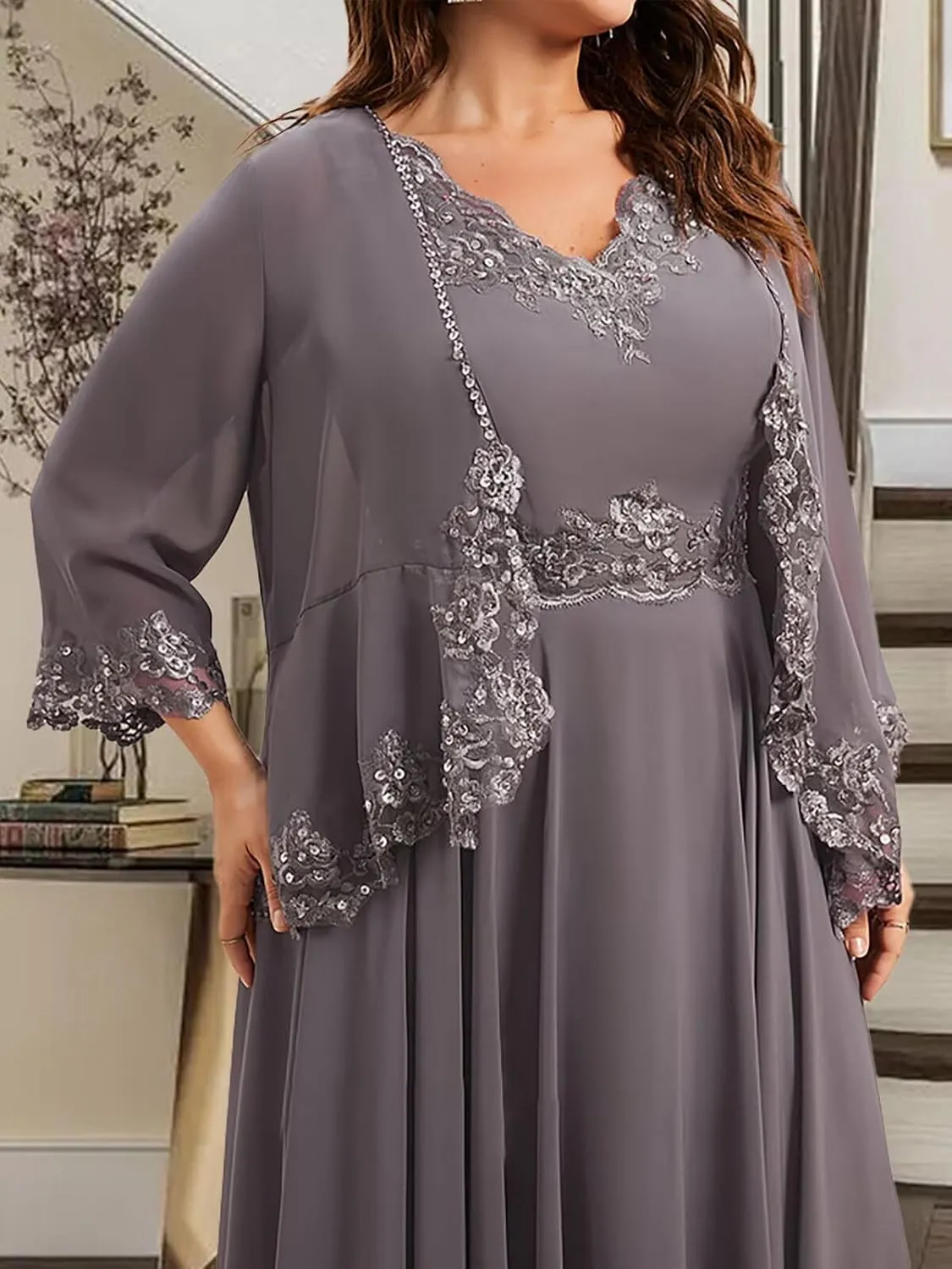 2 Piece Mother of The Bride Dresses with Jacket 3/4 Sleeve Chiffon Lace Sequin Evening Dresses for Women Wedding Guest