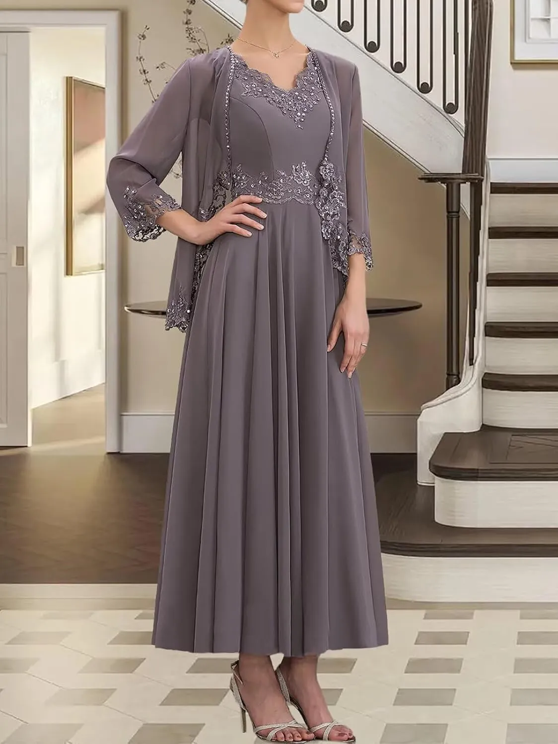 2 Piece Mother of The Bride Dresses with Jacket 3/4 Sleeve Chiffon Lace Sequin Evening Dresses for Women Wedding Guest