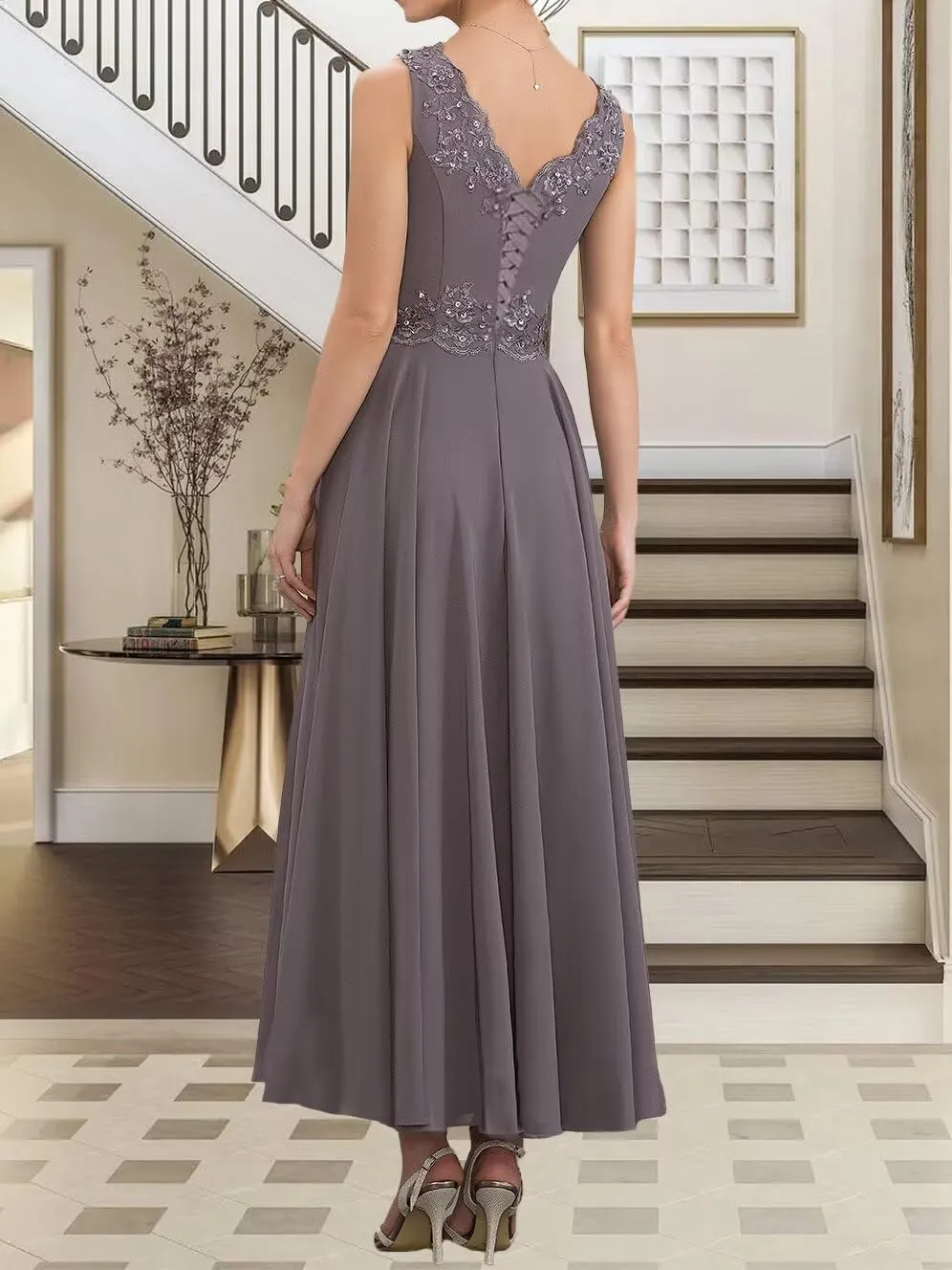 2 Piece Mother of The Bride Dresses with Jacket 3/4 Sleeve Chiffon Lace Sequin Evening Dresses for Women Wedding Guest