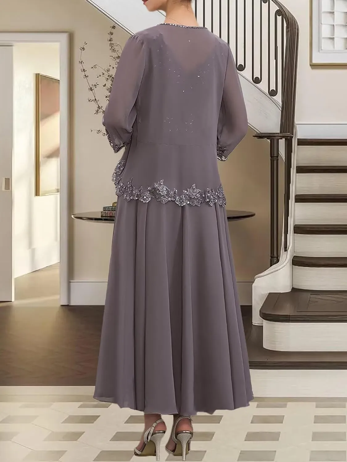 2 Piece Mother of The Bride Dresses with Jacket 3/4 Sleeve Chiffon Lace Sequin Evening Dresses for Women Wedding Guest