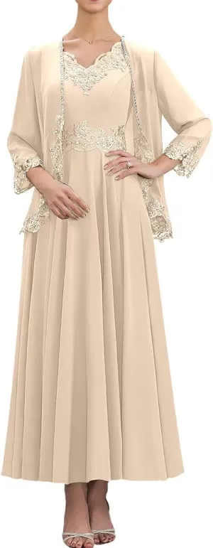 2 Piece Mother of The Bride Dresses with Jacket 3/4 Sleeve Chiffon Lace Sequin Evening Dresses for Women Wedding Guest