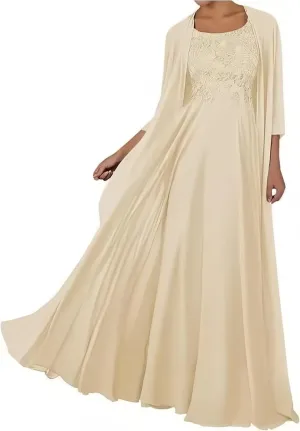 2 Piece Mother of The Bride Dresses with Jacket Long Chiffon Lace Mother of Groom Dresses for Wedding 3/4 Sleeve