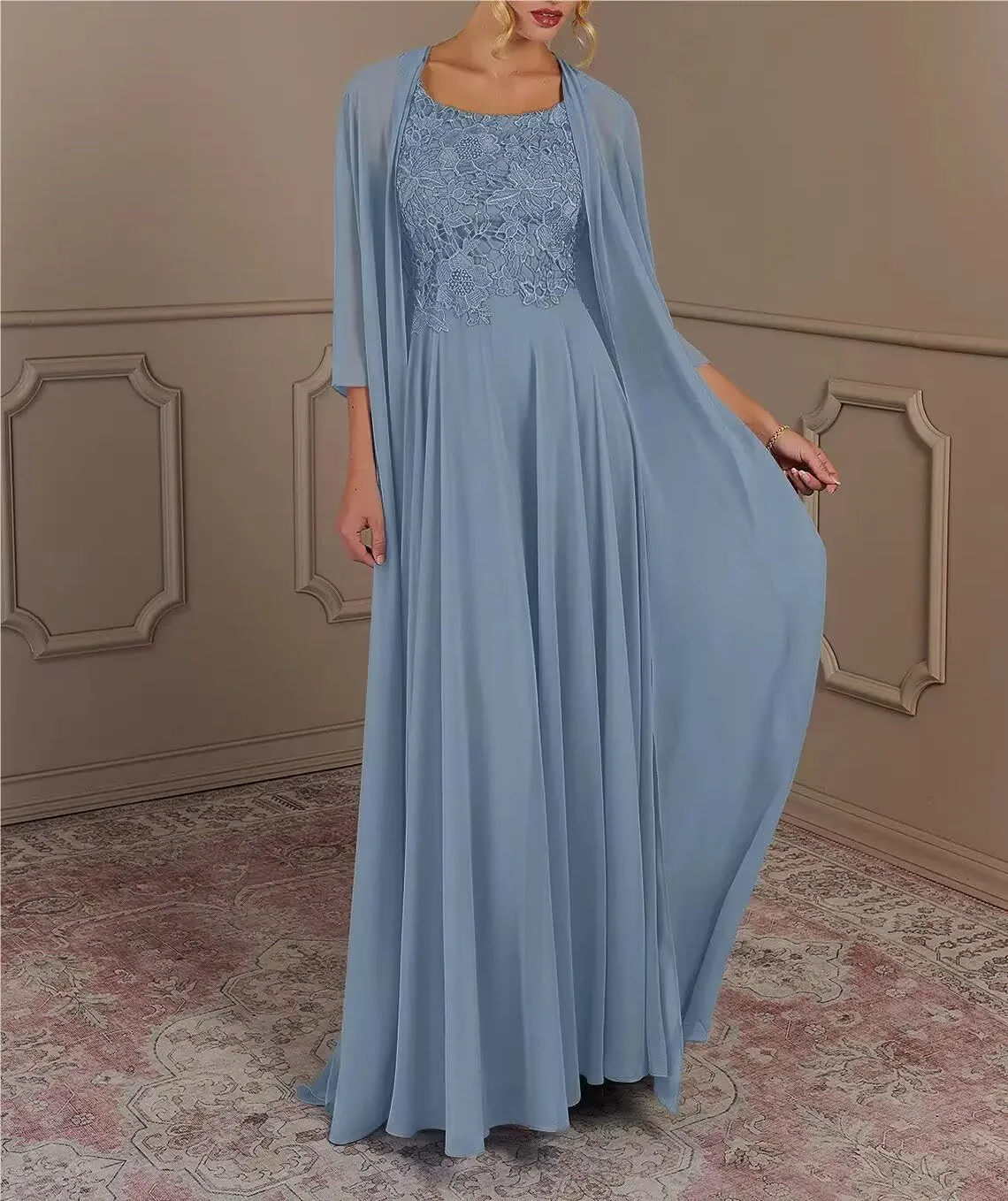 2 Piece Mother of The Bride Dresses with Jacket Long Chiffon Lace Mother of Groom Dresses for Wedding 3/4 Sleeve