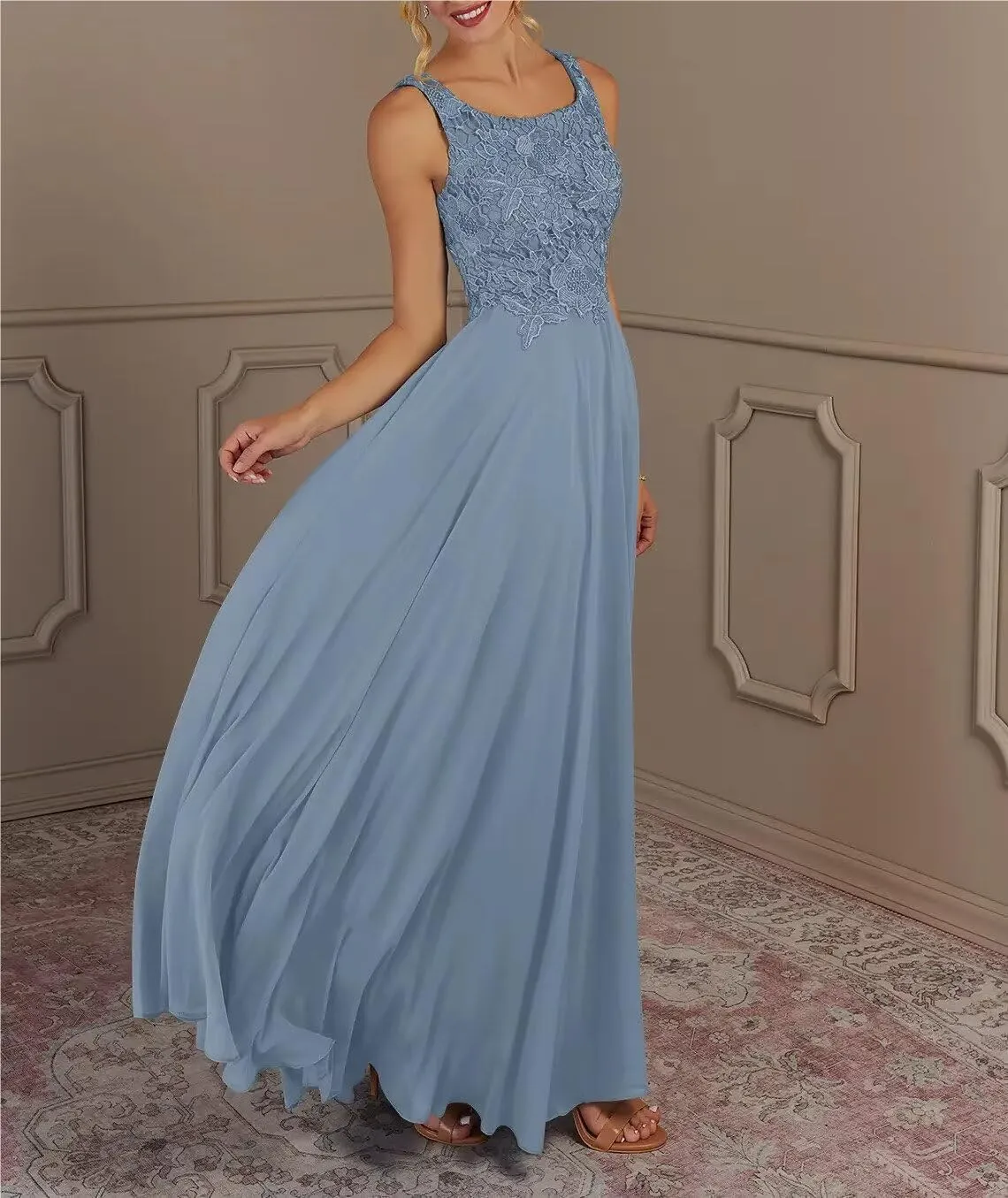 2 Piece Mother of The Bride Dresses with Jacket Long Chiffon Lace Mother of Groom Dresses for Wedding 3/4 Sleeve