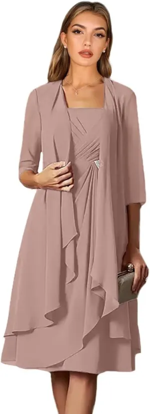 2 Piece Pleated Knee Length Chiffon Mother of The Bride Dresses with Jacket Beaded Formal Wedding Guest Gowns