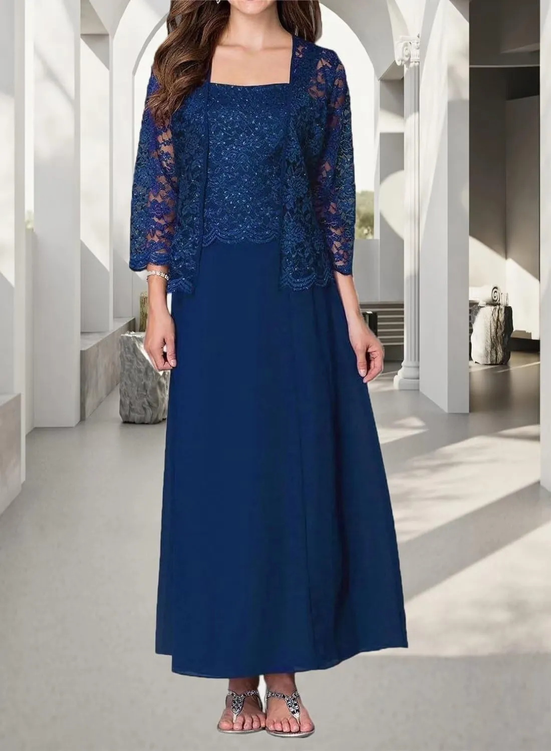 2 Piece Tea Length Chiffon Mother of The Bride Dresses with Jacket Lace Sparkling Beaded Formal Wedding Guest Gowns