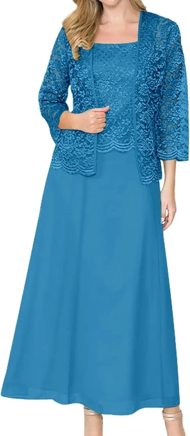 2 Piece Tea Length Chiffon Mother of The Bride Dresses with Jacket Lace Sparkling Beaded Formal Wedding Guest Gowns