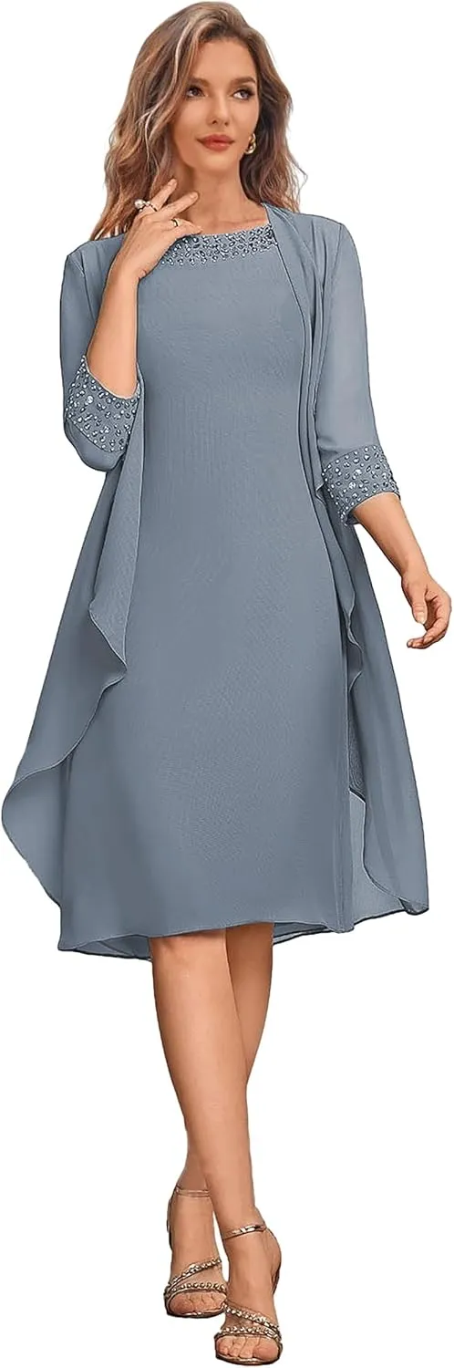 2 Pieces Mother of The Bride Dresses for Wedding Short Formal Dress with Jacket Chiffon Evening Gown