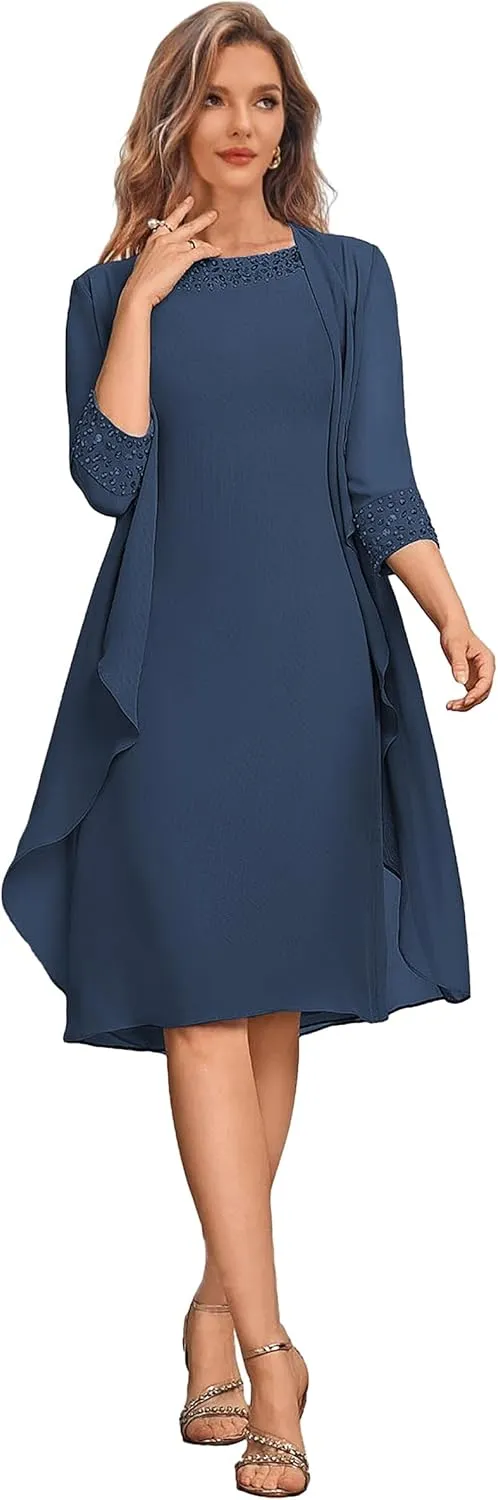 2 Pieces Mother of The Bride Dresses for Wedding Short Formal Dress with Jacket Chiffon Evening Gown