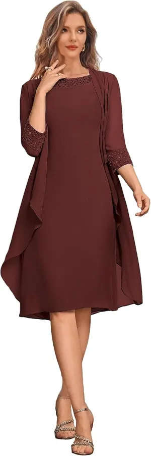 2 Pieces Mother of The Bride Dresses for Wedding Short Formal Dress with Jacket Chiffon Evening Gown
