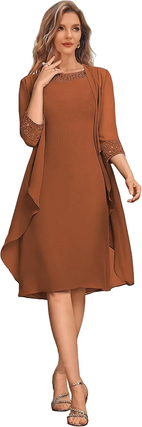 2 Pieces Mother of The Bride Dresses for Wedding Short Formal Dress with Jacket Chiffon Evening Gown