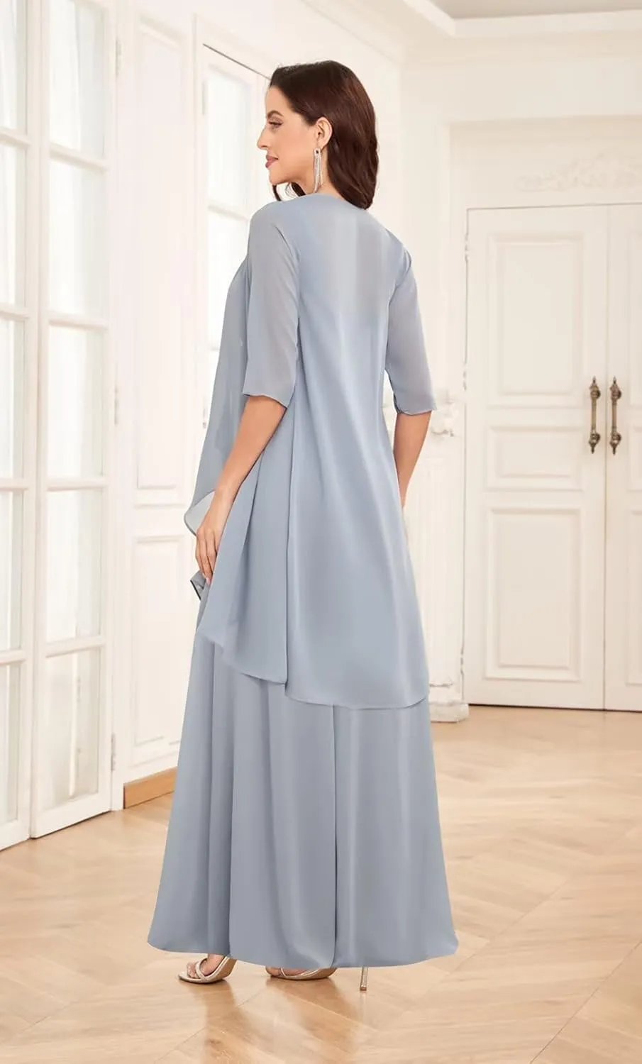 2 Pieces Mother of The Bride Dresses for Women Tea Length Chiffon Pleated A Line Formal Dress