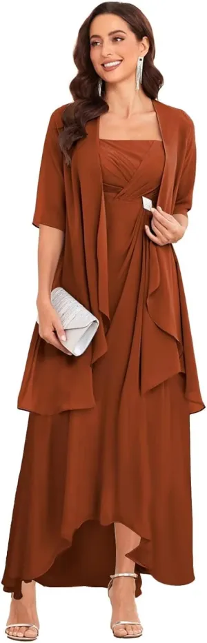 2 Pieces Mother of The Bride Dresses for Women Tea Length Chiffon Pleated A Line Formal Dress