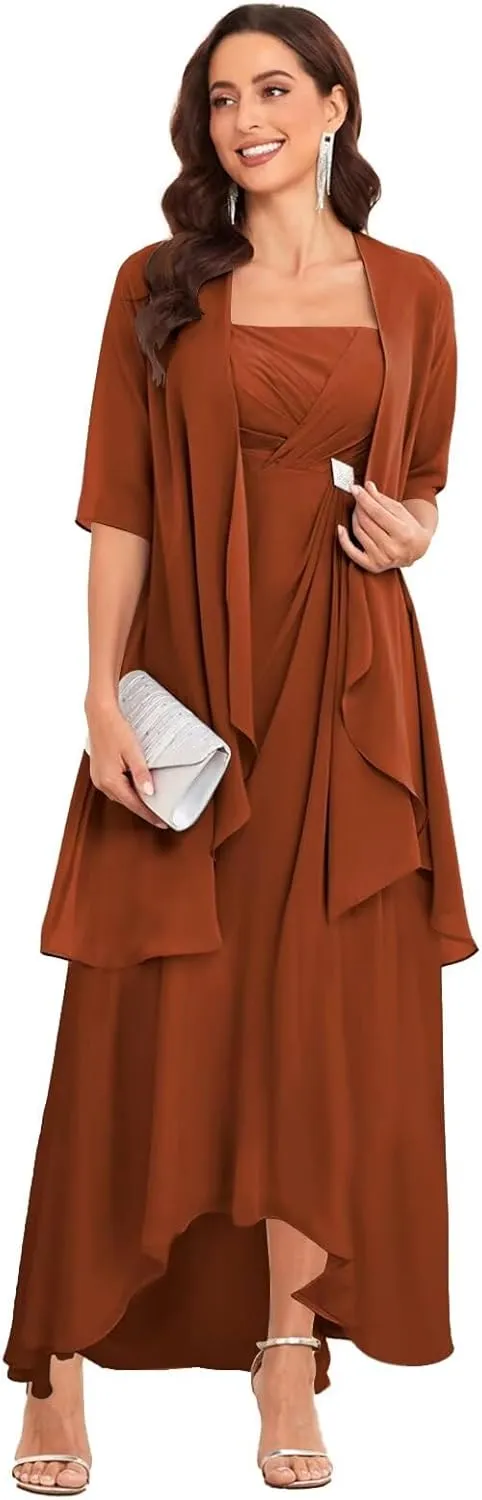 2 Pieces Mother of The Bride Dresses for Women Tea Length Chiffon Pleated A Line Formal Dress