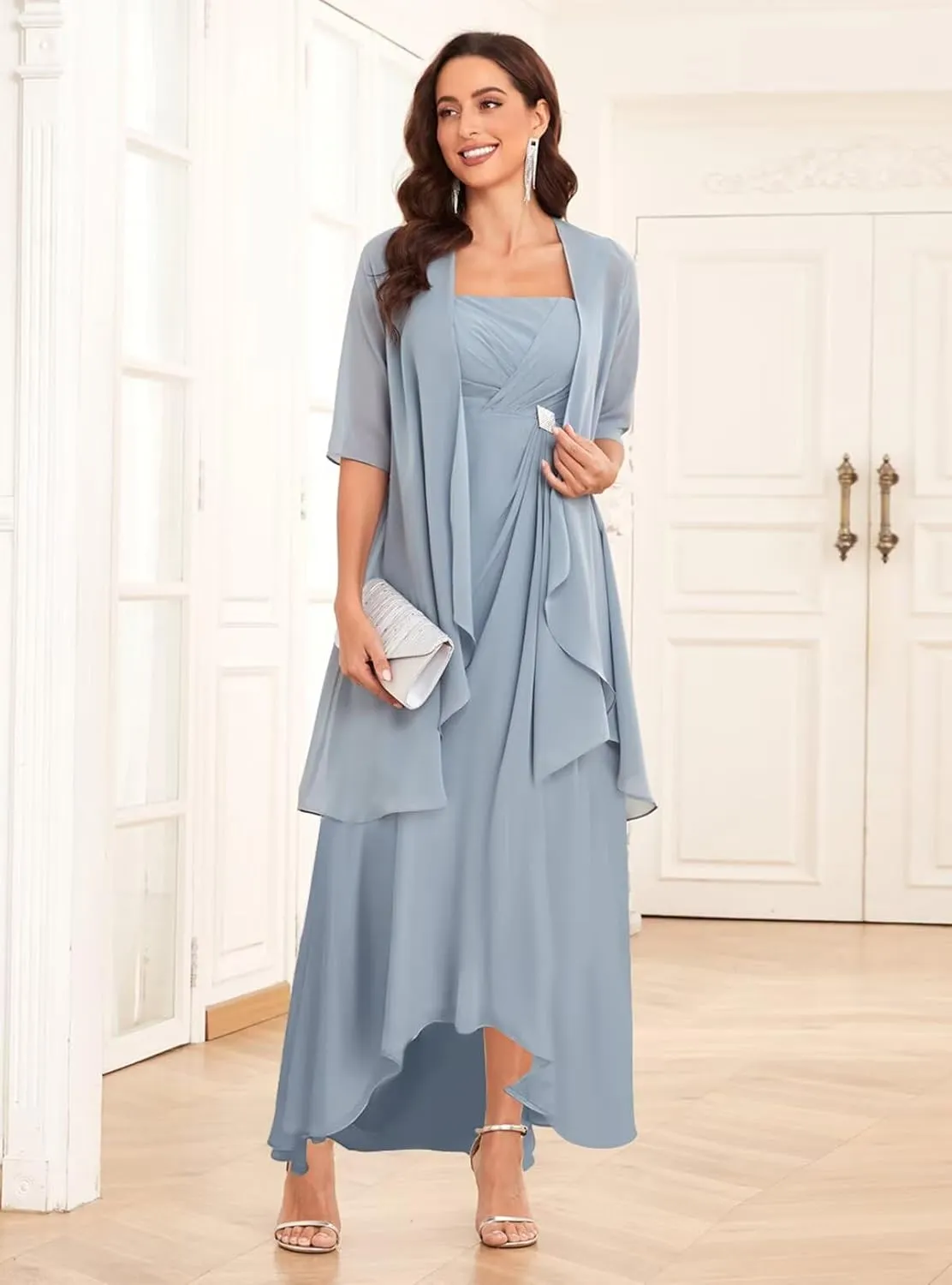 2 Pieces Mother of The Bride Dresses for Women Tea Length Chiffon Pleated A Line Formal Dress
