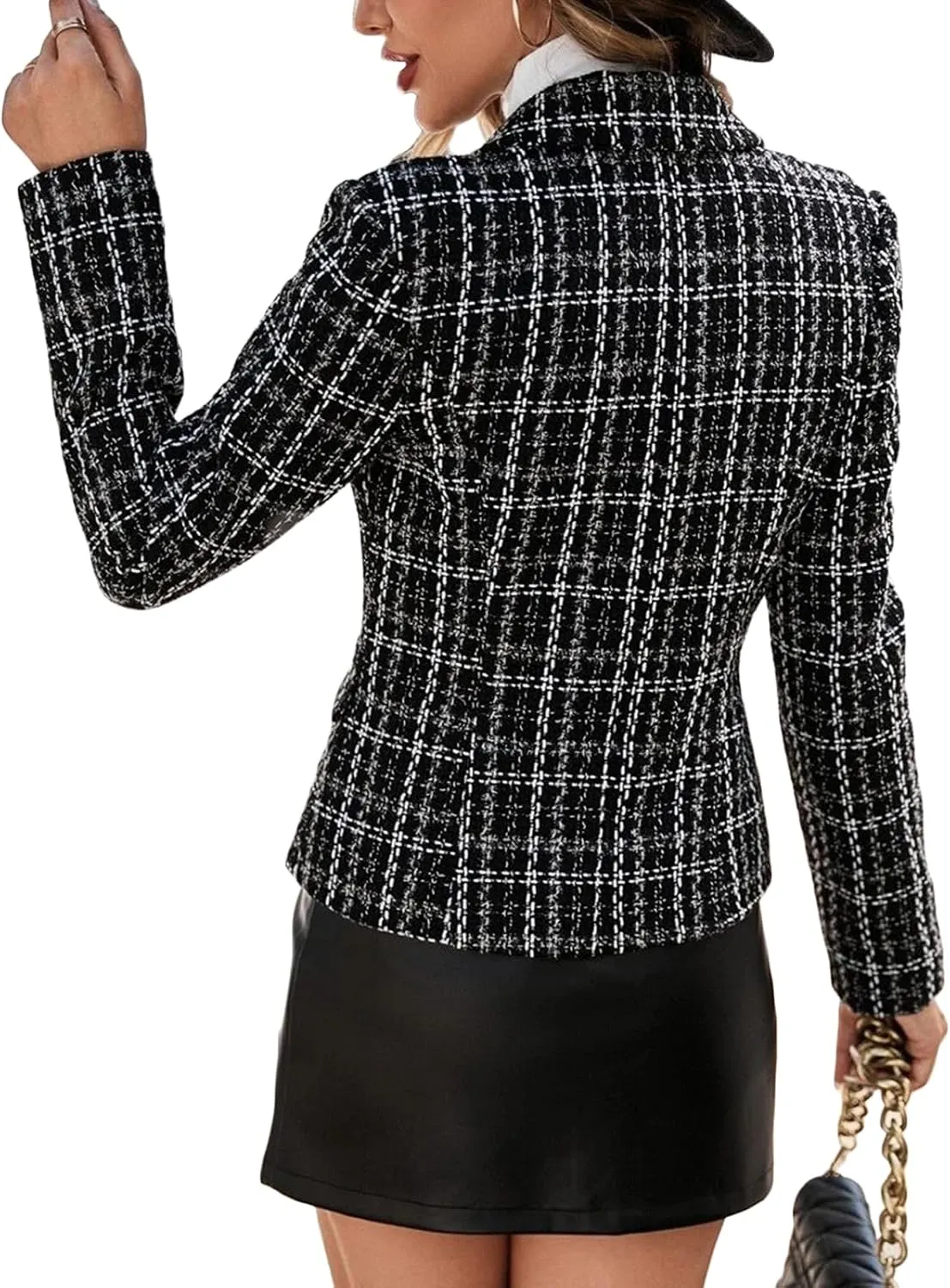 2024 Fall Winter Plaid Tweed Blazer Jacket Double Breasted Slim Casual Long Sleeve Fashion Work Office with Pockets