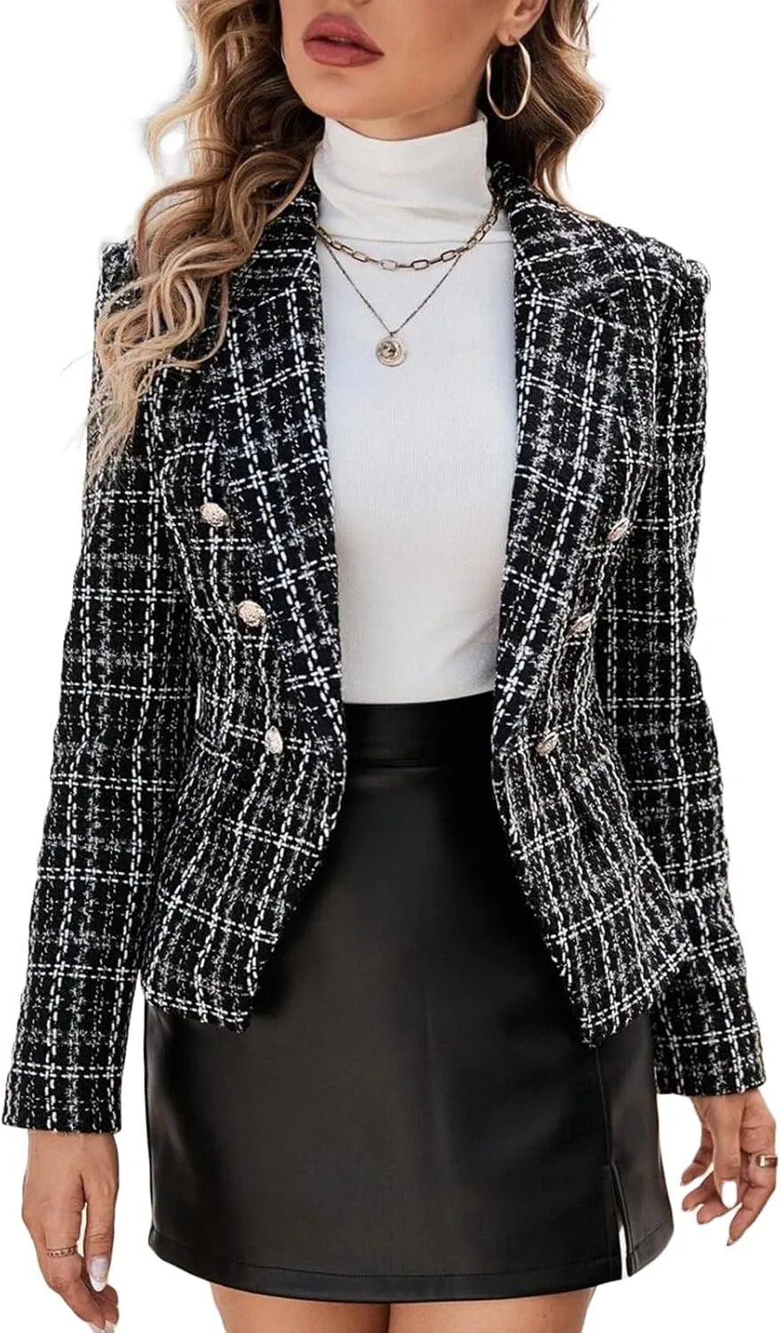 2024 Fall Winter Plaid Tweed Blazer Jacket Double Breasted Slim Casual Long Sleeve Fashion Work Office with Pockets
