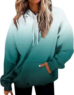 2024 Hoodies for Women Y2K Gradient Print Oversized Sweatshirt Casual Drawstring Hooded Pullover with Pocket