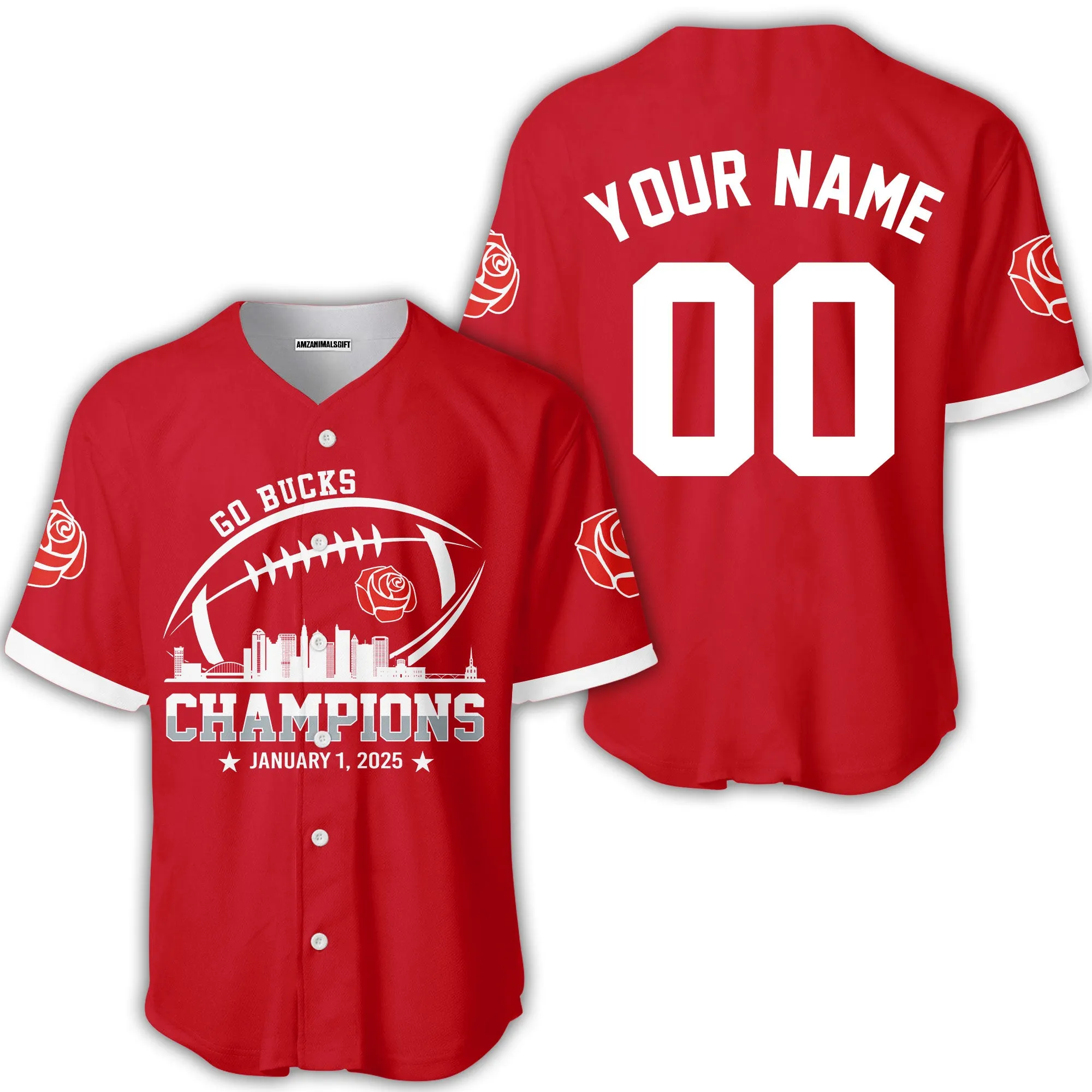 2025 Rose Champions Skyline Custom Double Sided V-neck Jersey Shirt, Go Bucks Football 2025 Rose Champions 2 Sided Custom V-neck Jersey Shirts