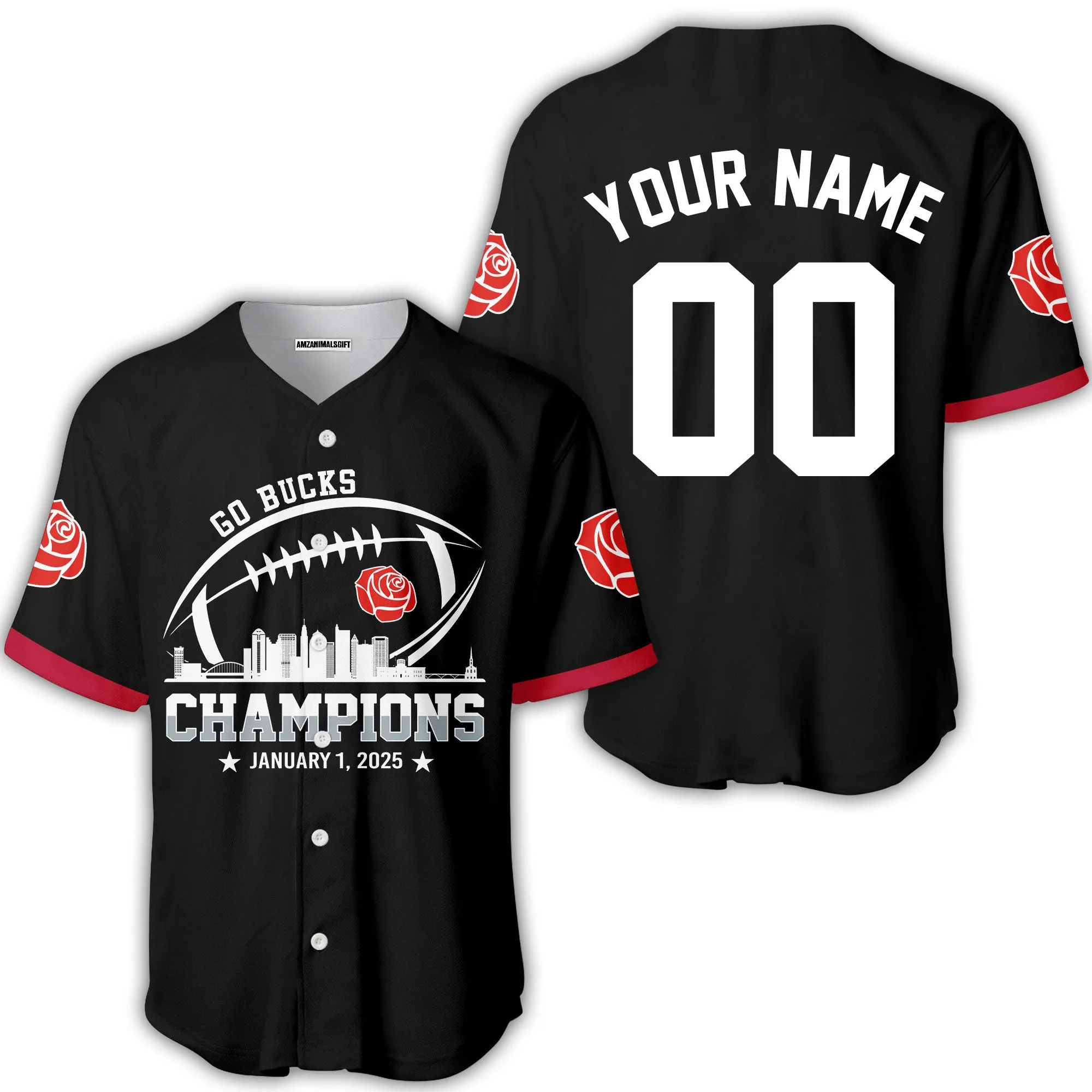 2025 Rose Champions Skyline Custom Double Sided V-neck Jersey Shirt, Go Bucks Football 2025 Rose Champions 2 Sided Custom V-neck Jersey Shirts