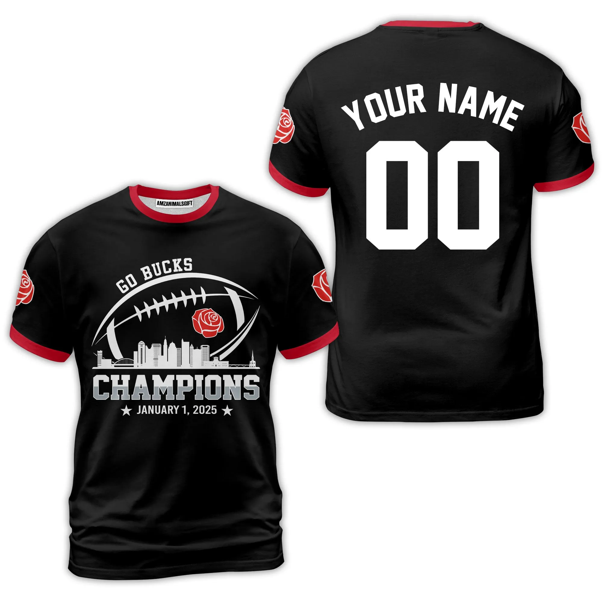 2025 Rose Champions Skyline Custom Double Sided V-neck Jersey Shirt, Go Bucks Football 2025 Rose Champions 2 Sided Custom V-neck Jersey Shirts