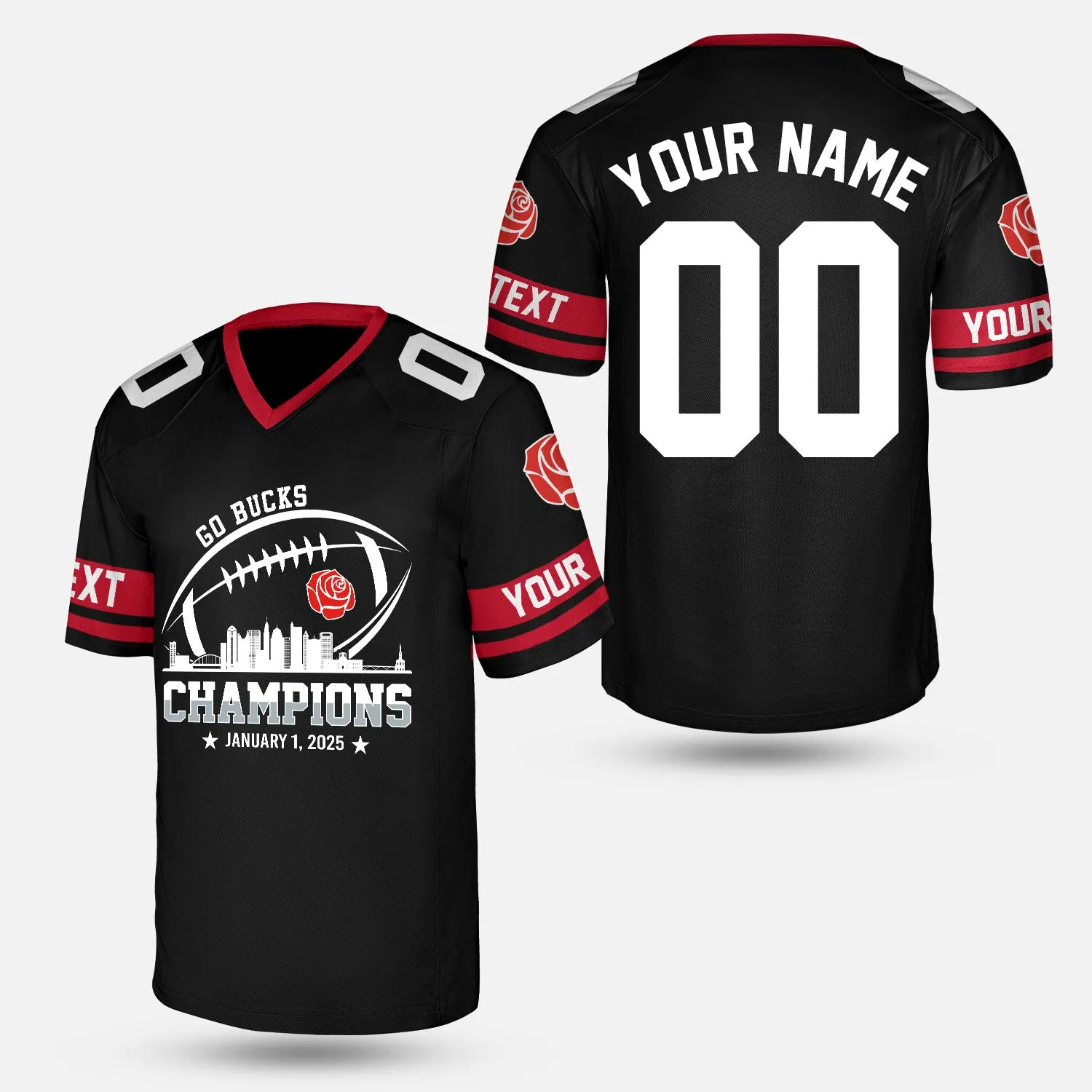2025 Rose Champions Skyline Custom Double Sided V-neck Jersey Shirt, Go Bucks Football 2025 Rose Champions 2 Sided Custom V-neck Jersey Shirts