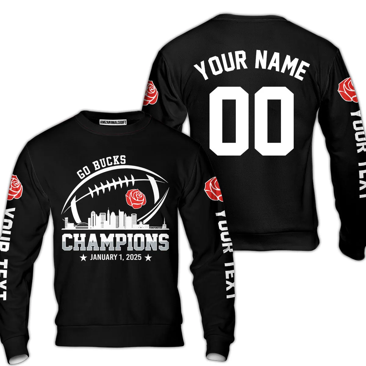 2025 Rose Champions Skyline Custom Double Sided V-neck Jersey Shirt, Go Bucks Football 2025 Rose Champions 2 Sided Custom V-neck Jersey Shirts