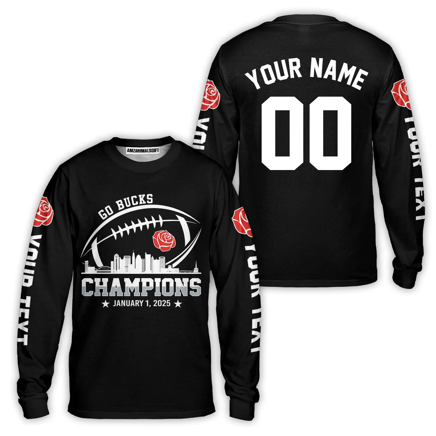 2025 Rose Champions Skyline Custom Double Sided V-neck Jersey Shirt, Go Bucks Football 2025 Rose Champions 2 Sided Custom V-neck Jersey Shirts