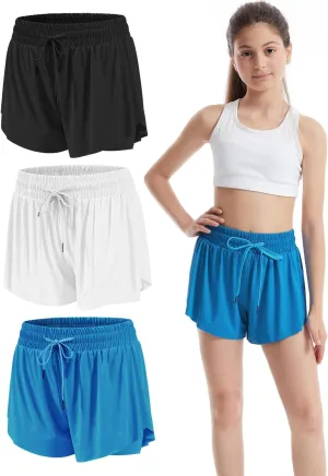 3-4 Packs Girls Flowy Butterfly Shorts Athletic 2 in 1 Running Active Skirt Shorts, Workout Short for Kids Teens