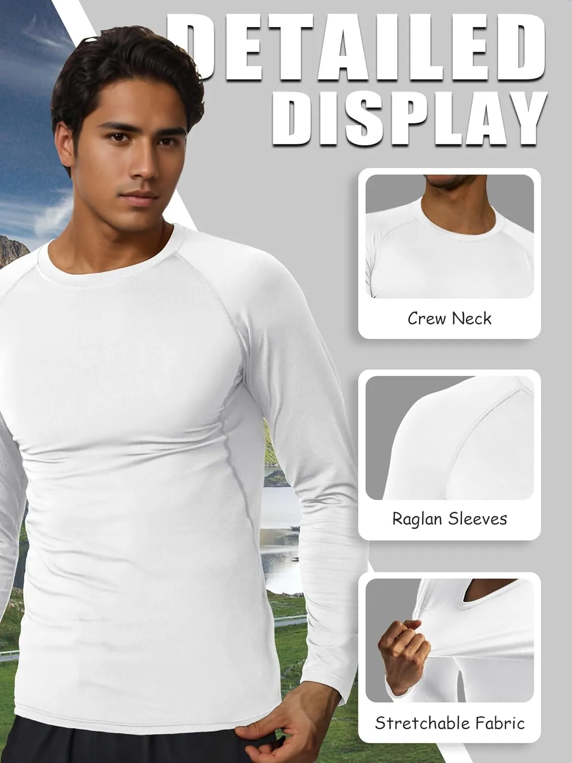 3-5 Pack Shirts for Men Long Sleeve Shirt Wicking Sun Tee Shirts UV Protection T-Shirt for Casual Fishing Hiking Swim