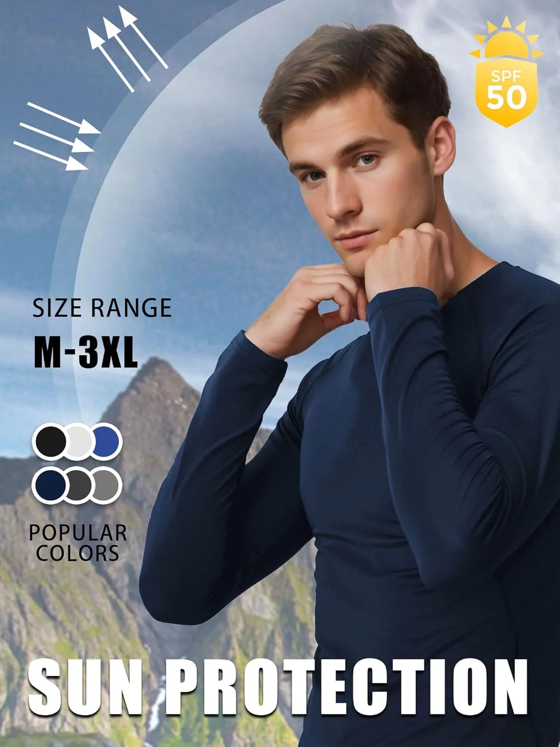3-5 Pack Shirts for Men Long Sleeve Shirt Wicking Sun Tee Shirts UV Protection T-Shirt for Casual Fishing Hiking Swim