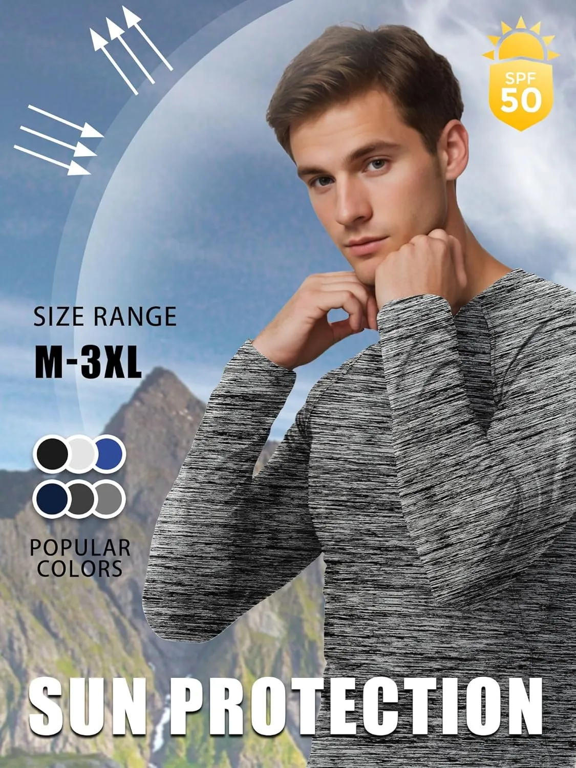 3-5 Pack Shirts for Men Long Sleeve Shirt Wicking Sun Tee Shirts UV Protection T-Shirt for Casual Fishing Hiking Swim