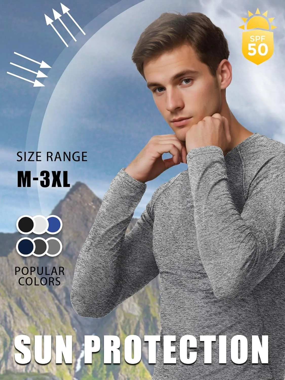 3-5 Pack Shirts for Men Long Sleeve Shirt Wicking Sun Tee Shirts UV Protection T-Shirt for Casual Fishing Hiking Swim