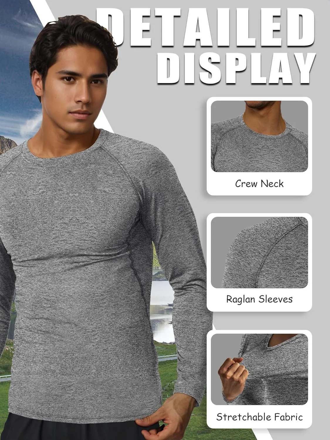 3-5 Pack Shirts for Men Long Sleeve Shirt Wicking Sun Tee Shirts UV Protection T-Shirt for Casual Fishing Hiking Swim