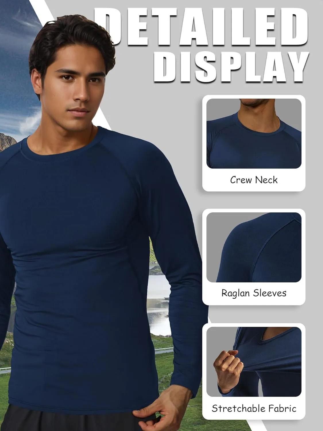 3-5 Pack Shirts for Men Long Sleeve Shirt Wicking Sun Tee Shirts UV Protection T-Shirt for Casual Fishing Hiking Swim