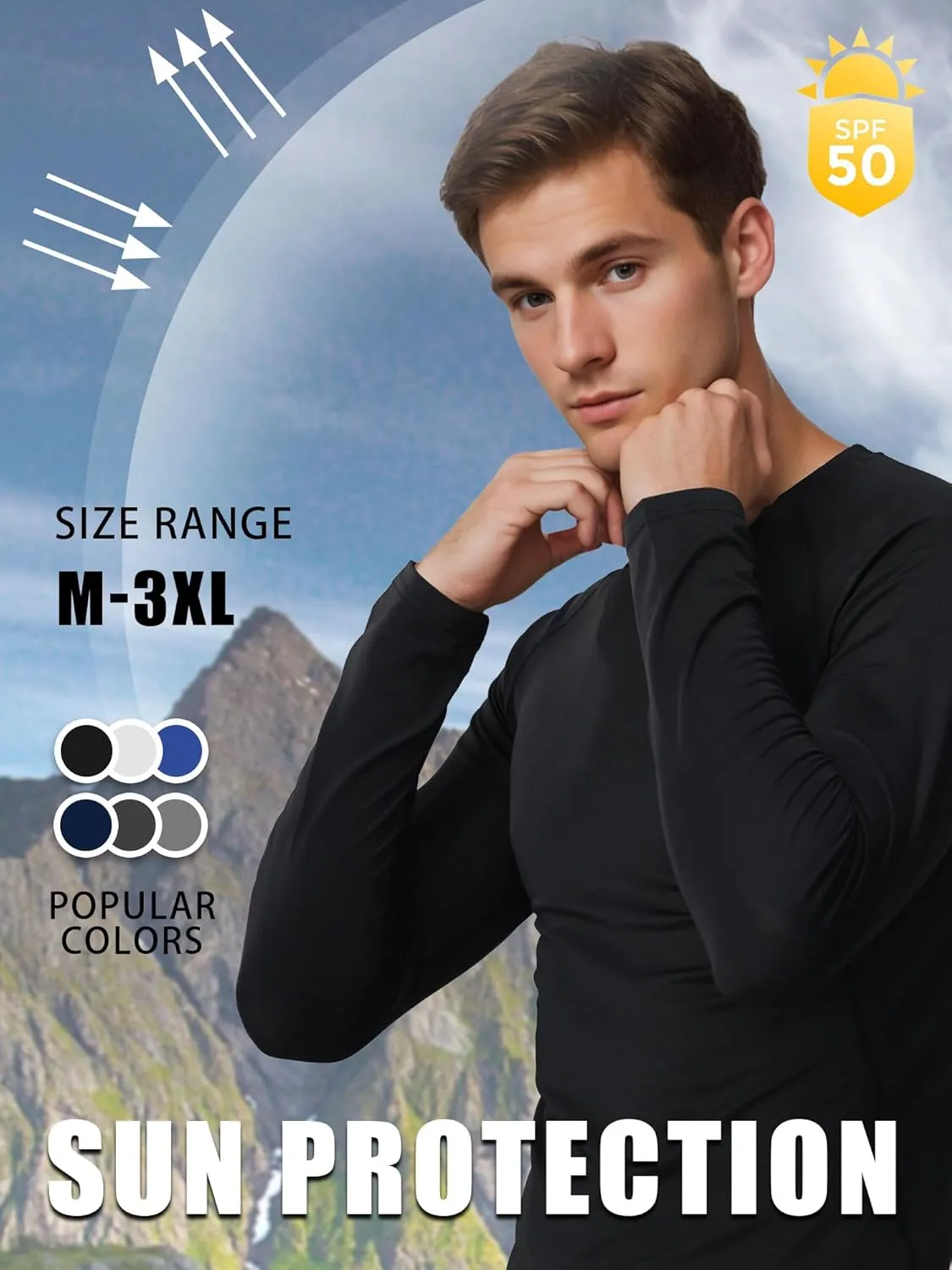 3-5 Pack Shirts for Men Long Sleeve Shirt Wicking Sun Tee Shirts UV Protection T-Shirt for Casual Fishing Hiking Swim