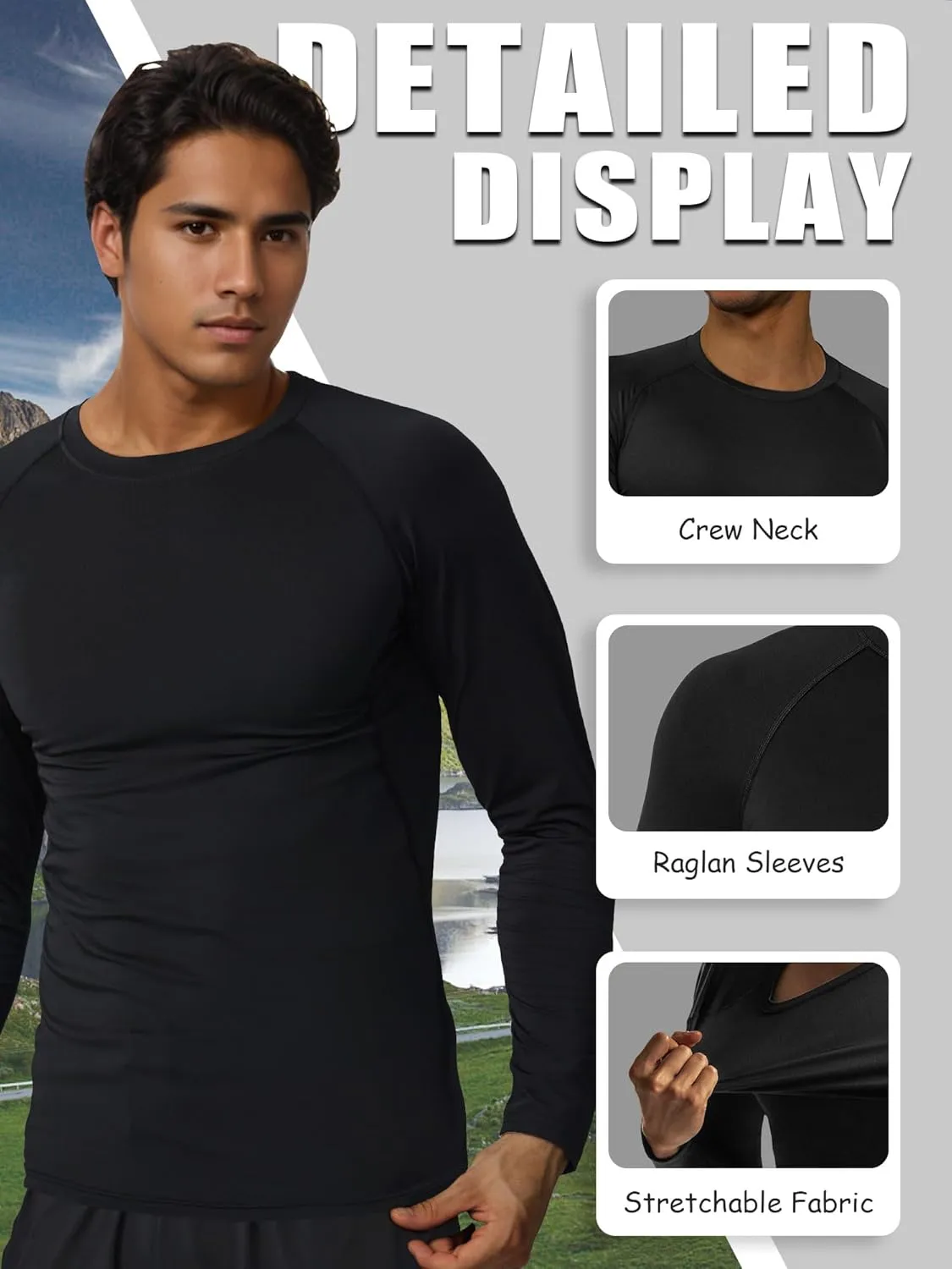 3-5 Pack Shirts for Men Long Sleeve Shirt Wicking Sun Tee Shirts UV Protection T-Shirt for Casual Fishing Hiking Swim