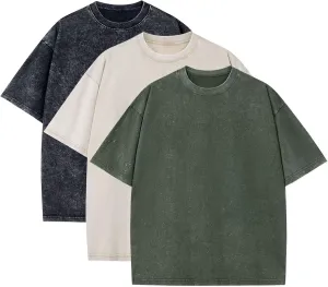 3 Pack Oversized T Shirts for Men Stone Washed Vintage Graphic Tees Heavyweight Cotton Shirts Loose Fit Casual Tshirts