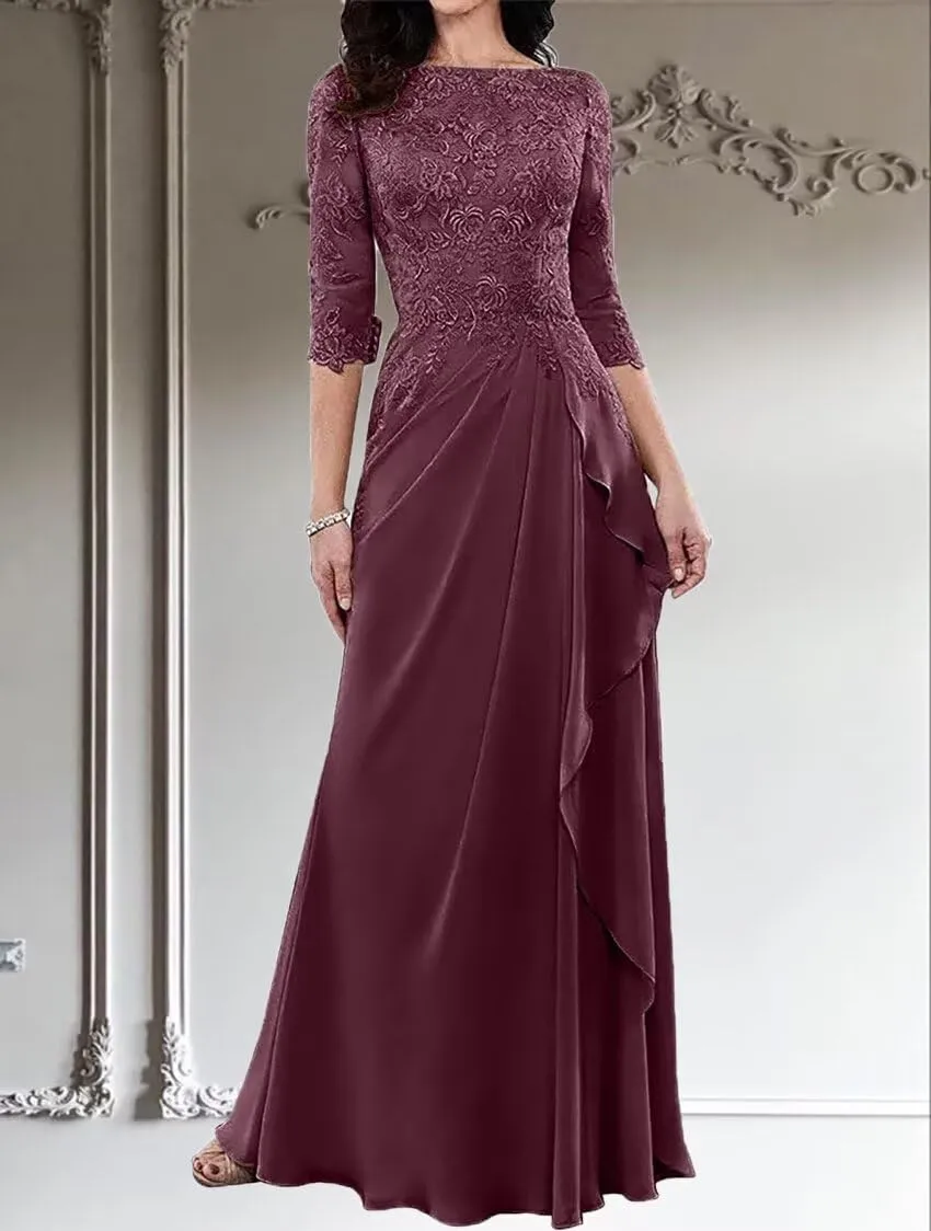 3/4 Sleeve Chiffon Mother of The Bride Dresses for Wedding Long Laces Applique Ruffles Formal Evening Party Gowns