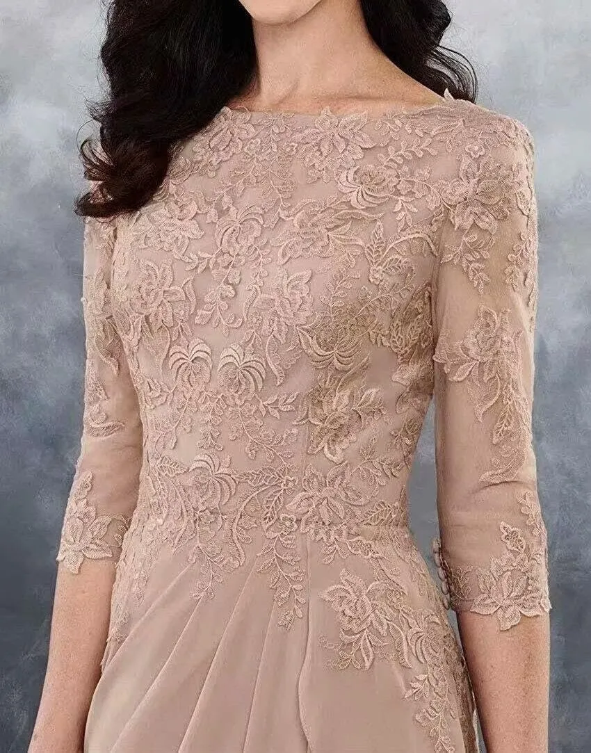 3/4 Sleeve Chiffon Mother of The Bride Dresses for Wedding Long Laces Applique Ruffles Formal Evening Party Gowns