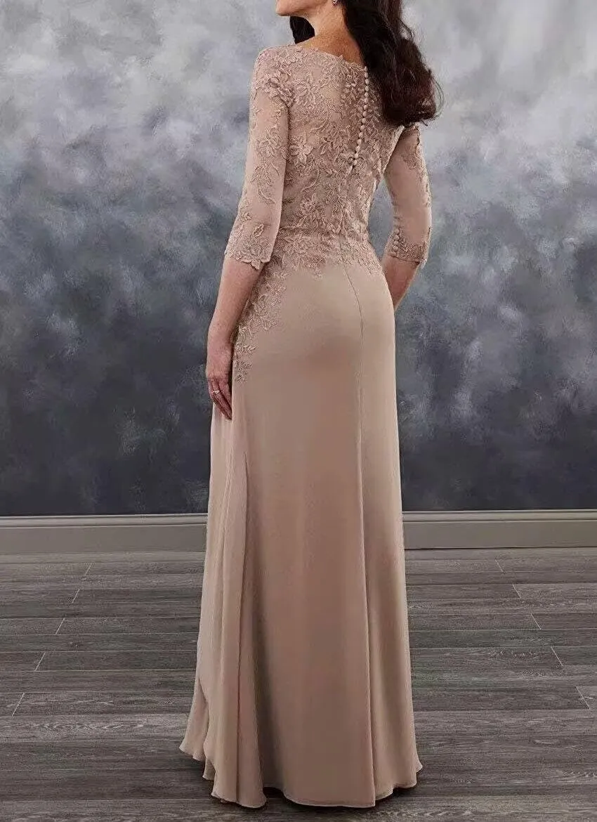 3/4 Sleeve Chiffon Mother of The Bride Dresses for Wedding Long Laces Applique Ruffles Formal Evening Party Gowns