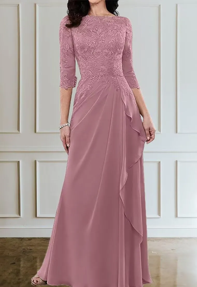 3/4 Sleeve Chiffon Mother of The Bride Dresses for Wedding Long Laces Applique Ruffles Formal Evening Party Gowns