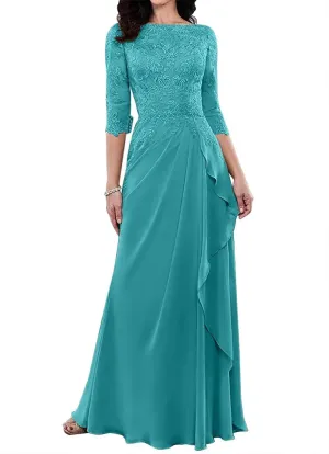 3/4 Sleeve Chiffon Mother of The Bride Dresses for Wedding Long Laces Applique Ruffles Formal Evening Party Gowns