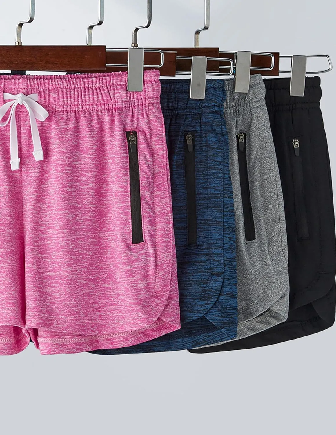 4 Pack Youth Girls Athletic Shorts 3", Girls Soccer Shorts, Kids Workout Gym Clothes Activewear Apparel with Zipper Pockets