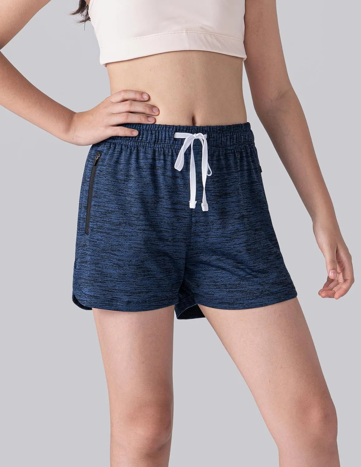 4 Pack Youth Girls Athletic Shorts 3", Girls Soccer Shorts, Kids Workout Gym Clothes Activewear Apparel with Zipper Pockets