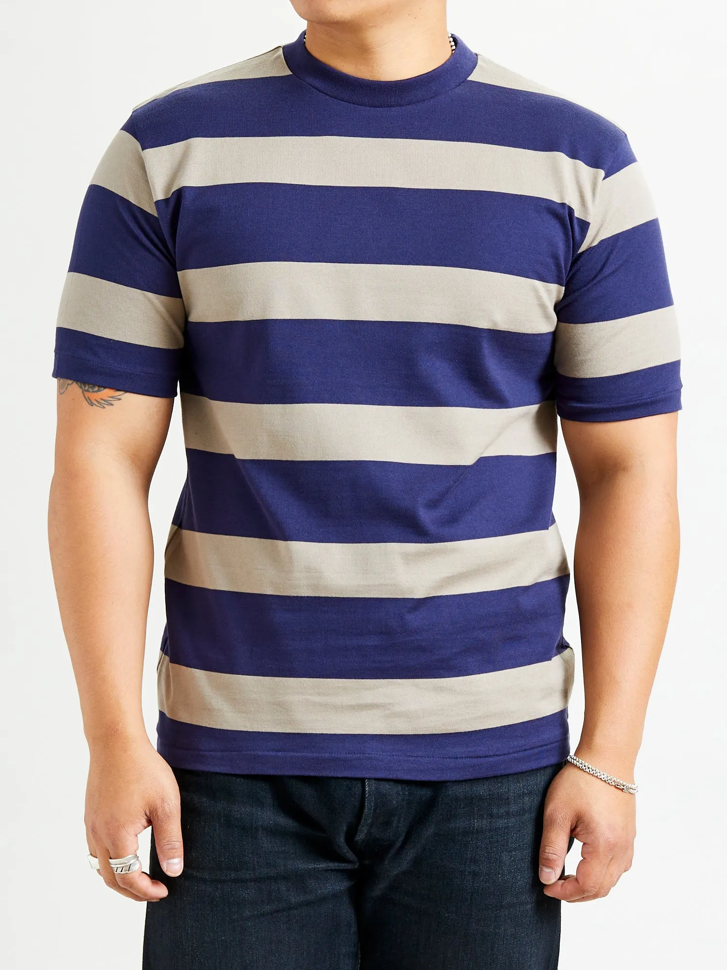 4089 Loopwheel Stripe Border Tee in Navy Grey